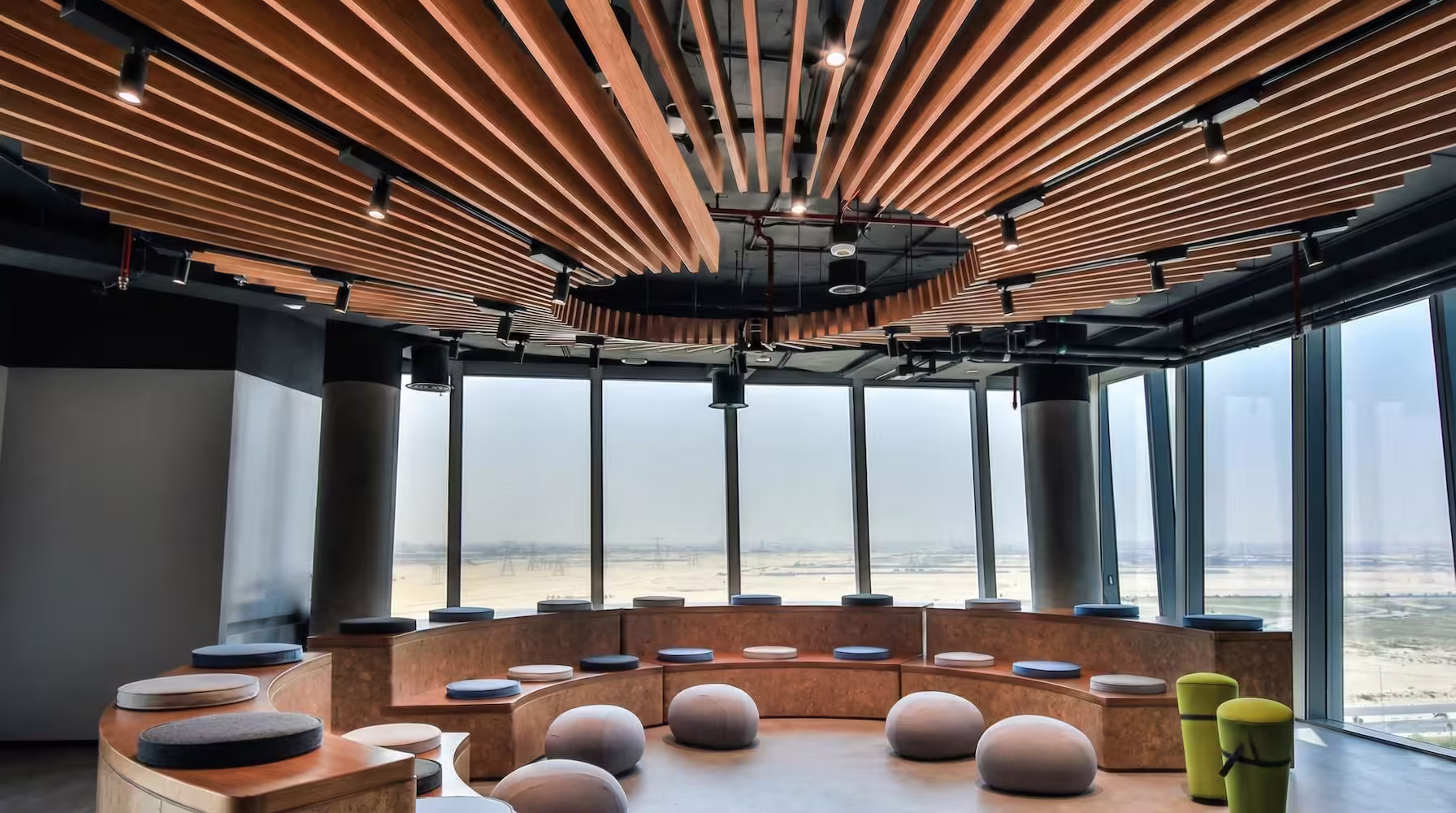 Baffle ceiling acoustic wood panel application — echo control and natural design in high ceilings