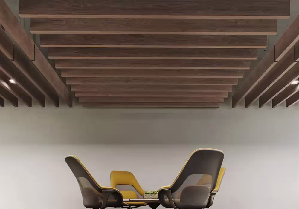 Wood baffle ceiling panel close-up — premium surface detail and ceiling rhythm