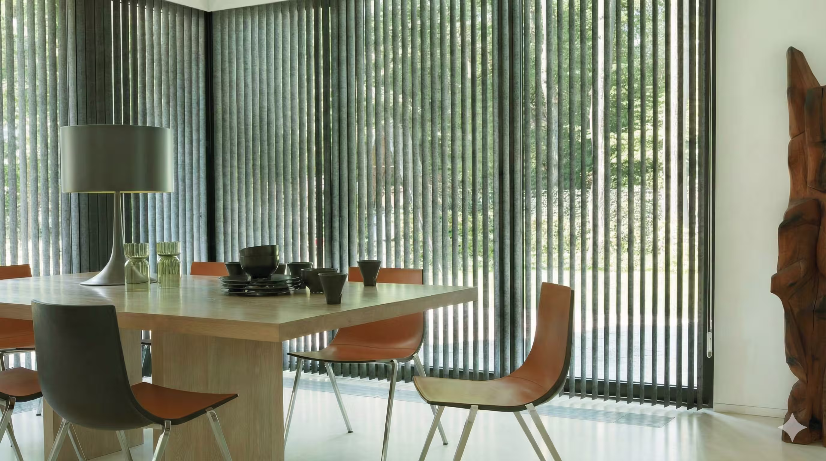 Vertical linear curtain application — modern curtain system providing light control and privacy on wide glass surfaces