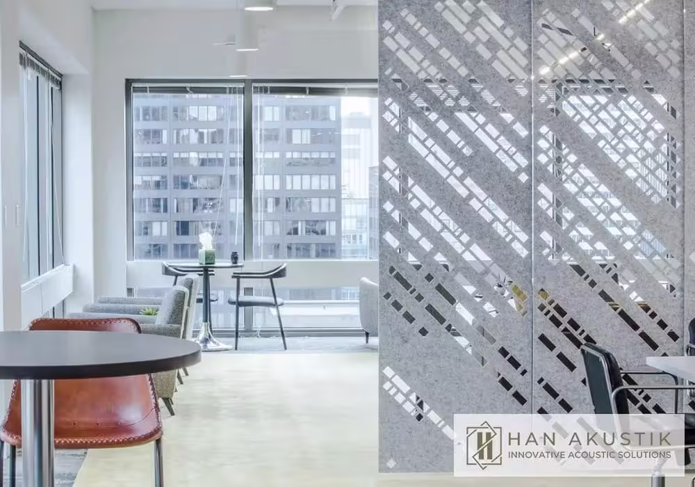 Mesh felt curtain detail — natural color texture, modern lines and acoustic comfort