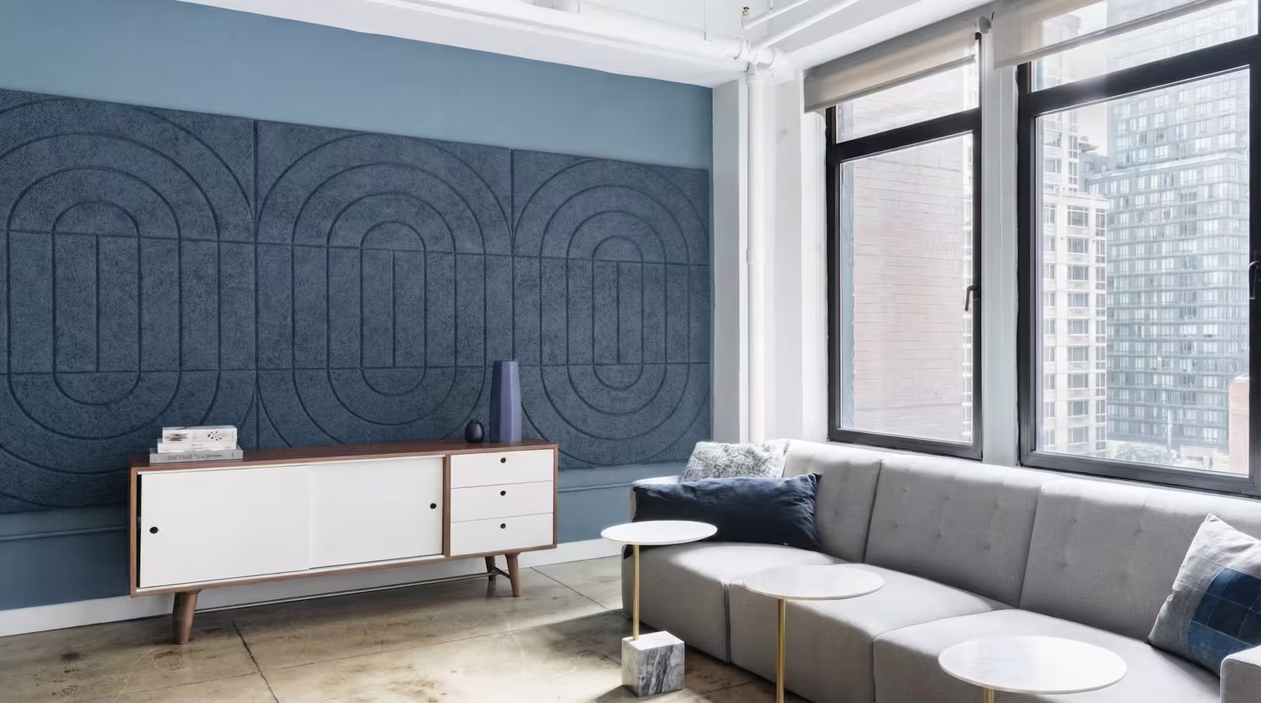 V-cut acoustic felt panel wall application — decorative appearance and echo reduction with V-cut grooved design