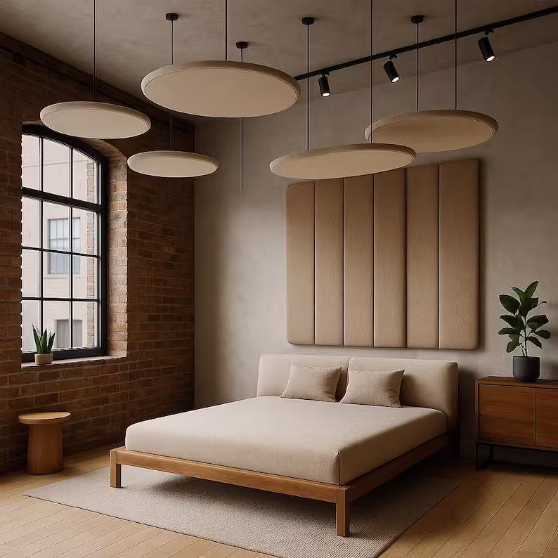 Acoustic fabric-covered floating ceiling panel detail — modern ceiling acoustics solution
