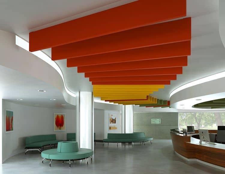 Baffle ceiling acoustic fabric panel detail — ceiling acoustics solution compatible with lighting